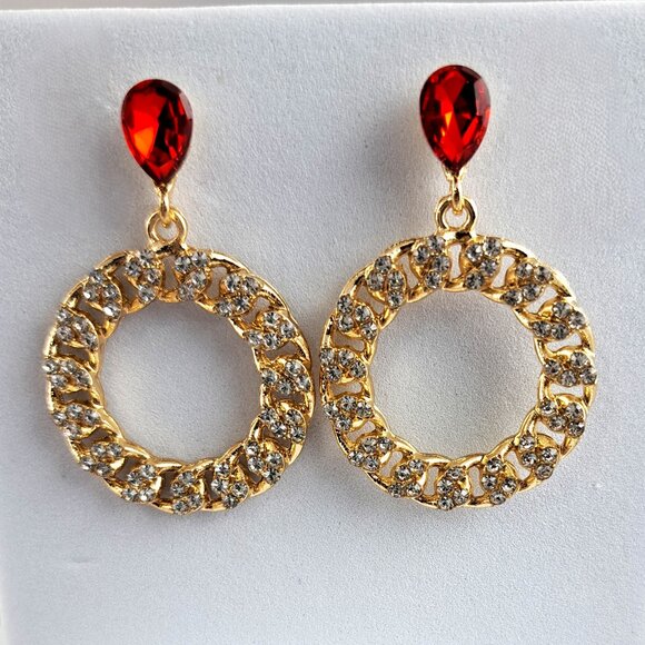 Clear-Stone Accented Gold Chain & Ruby Gemstone Earrings - Picture 4 of 4